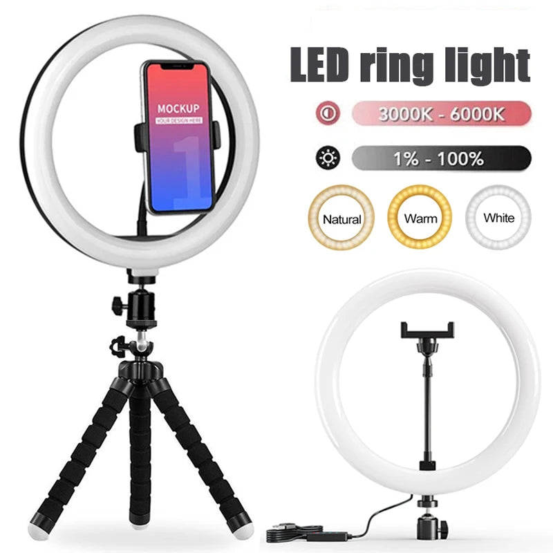 10 inch LED Selfie Ring Light Dimmable Photography Fill Lamp with Mini tripod for Mobile Phone Live Video Photo Studio Ringlight