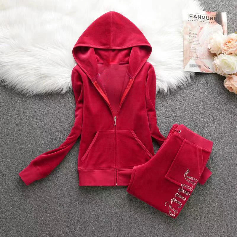 2025 Y2K Velvet Tracksuit for Women Autumn Winter Women's Long Sleeved Hooded Sweatshirt and Pants Set Juicy Suit Two Piece Set