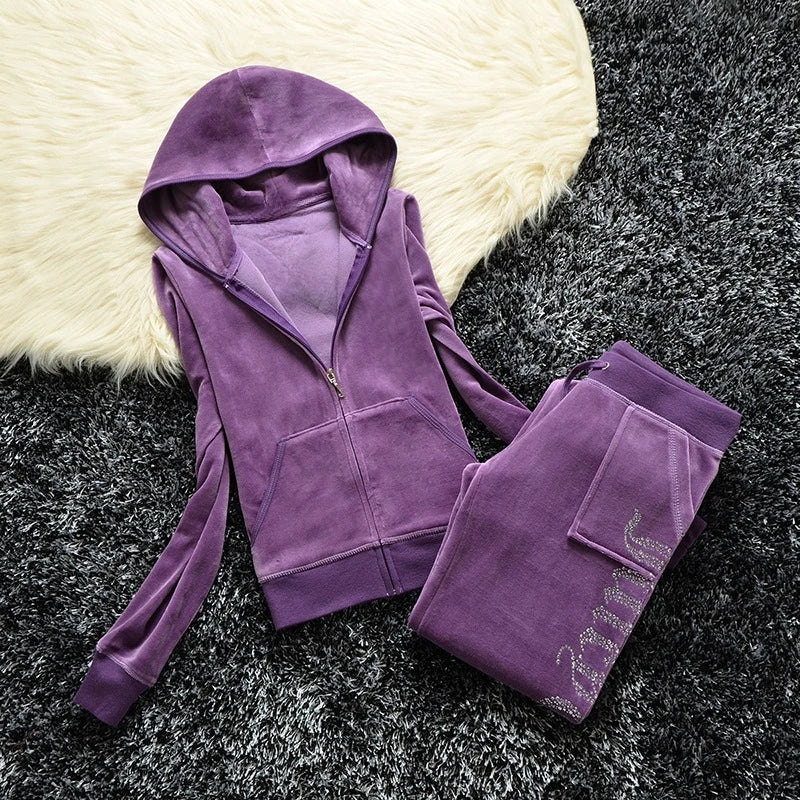 2025 Y2K Velvet Tracksuit for Women Autumn Winter Women's Long Sleeved Hooded Sweatshirt and Pants Set Juicy Suit Two Piece Set