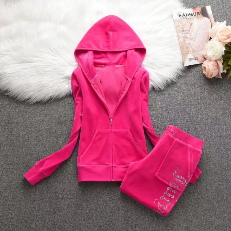 2025 Y2K Velvet Tracksuit for Women Autumn Winter Women's Long Sleeved Hooded Sweatshirt and Pants Set Juicy Suit Two Piece Set