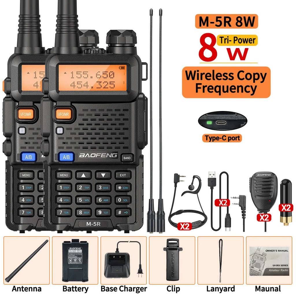1/2PCS Baofeng M-5R 8W Walkie Talkie Multi Band Type-C Wireless Copy Frequency AM Long Range For UV-5R Two Way Ham Radio
