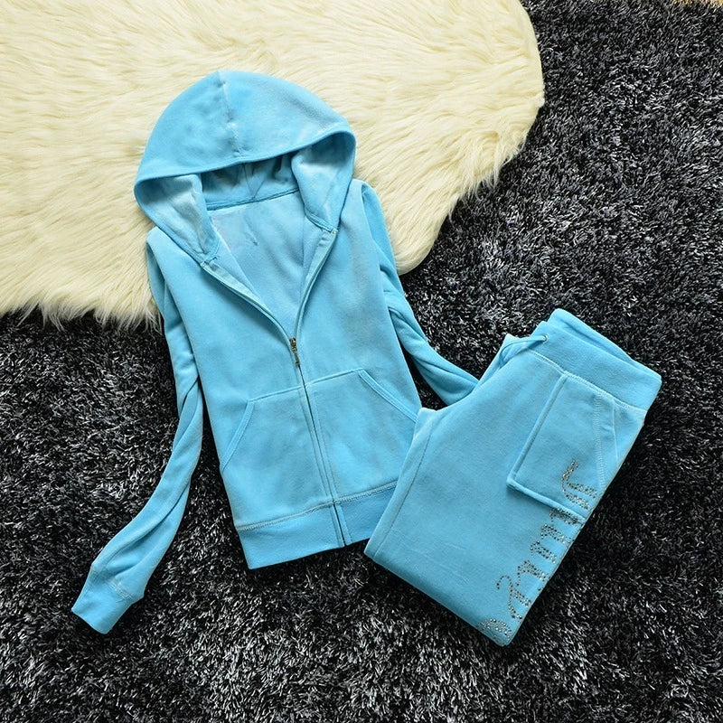 2025 Y2K Velvet Tracksuit for Women Autumn Winter Women's Long Sleeved Hooded Sweatshirt and Pants Set Juicy Suit Two Piece Set