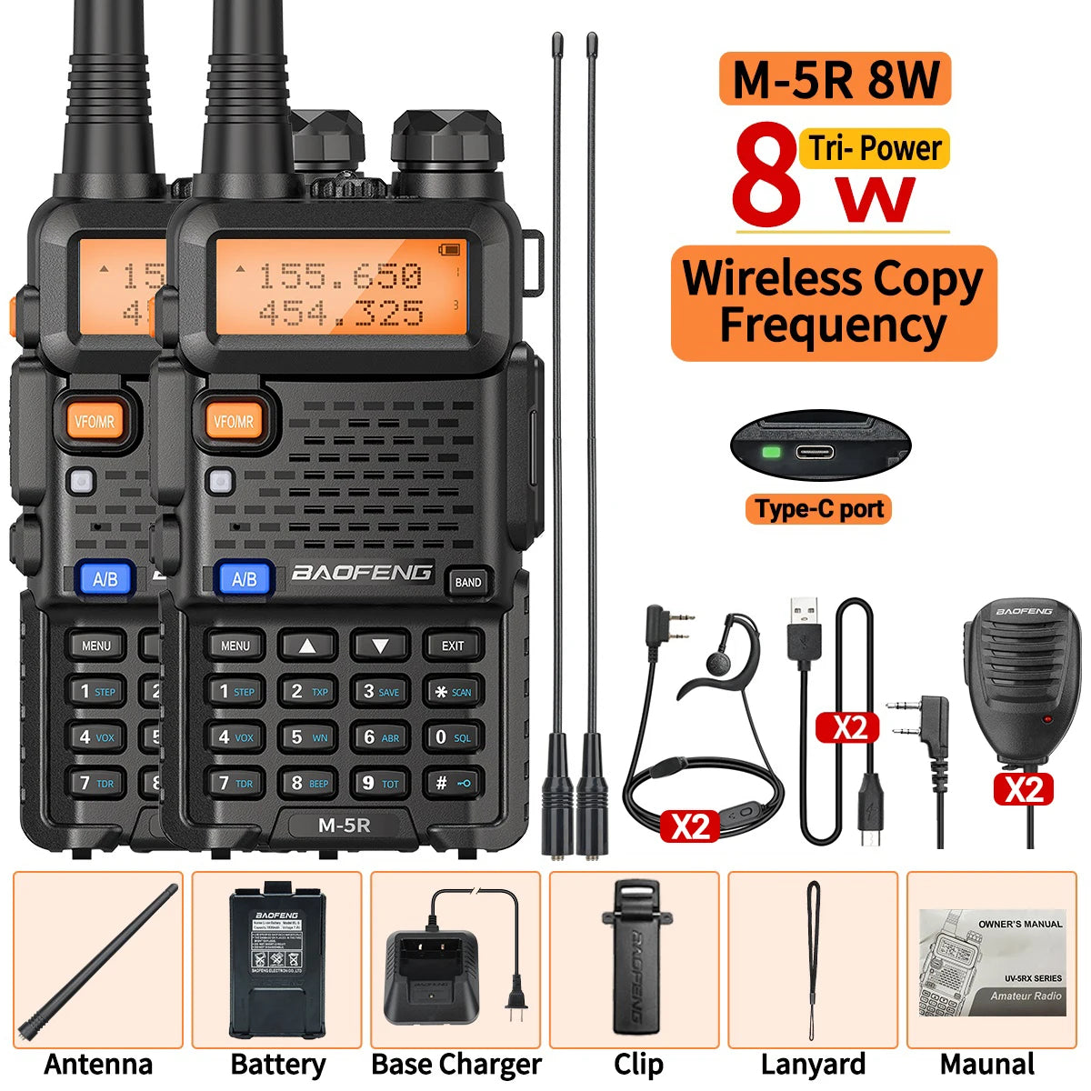 1/2PCS Baofeng M-5R 8W Walkie Talkie Multi Band Type-C Wireless Copy Frequency AM Long Range For UV-5R Two Way Ham Radio