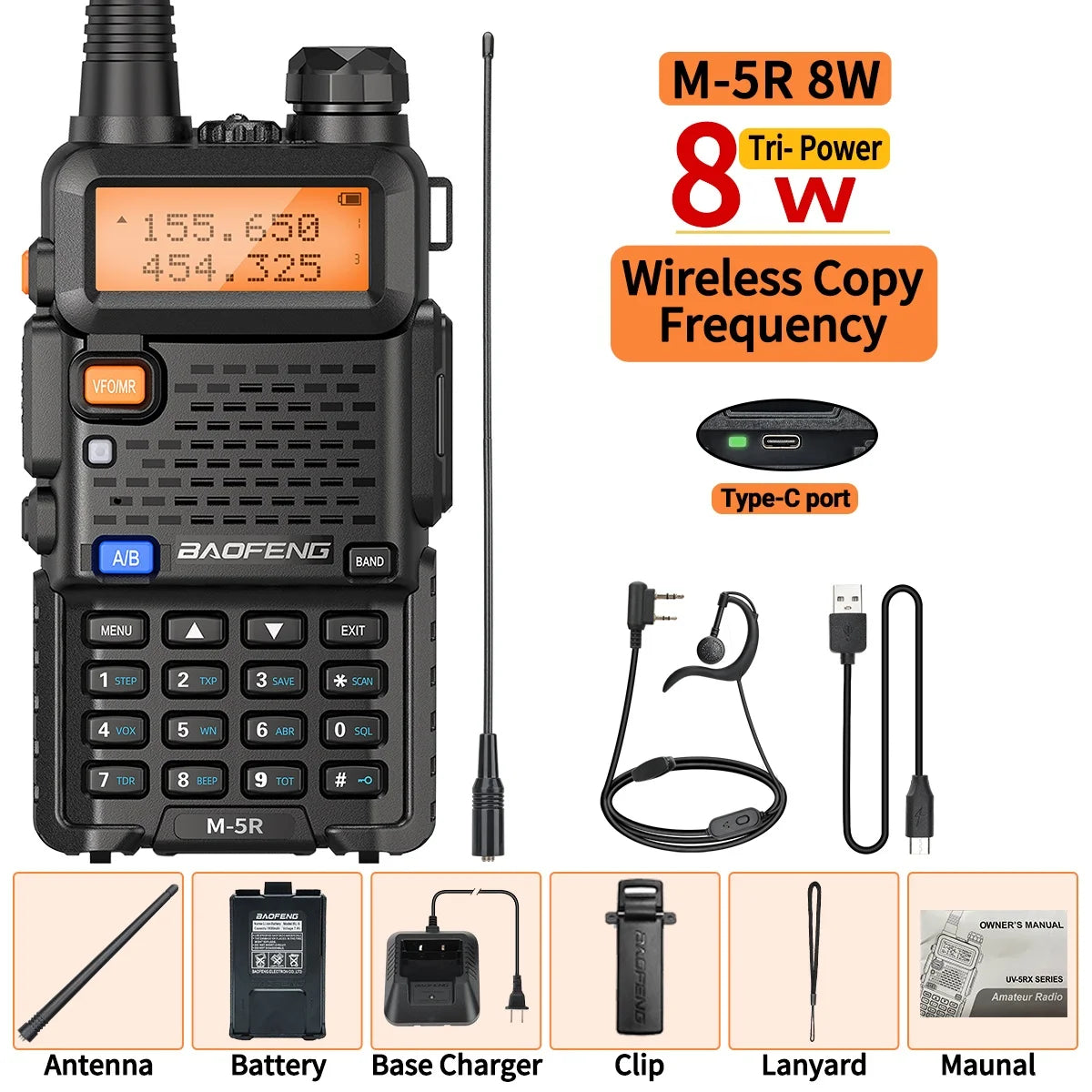 1/2PCS Baofeng M-5R 8W Walkie Talkie Multi Band Type-C Wireless Copy Frequency AM Long Range For UV-5R Two Way Ham Radio