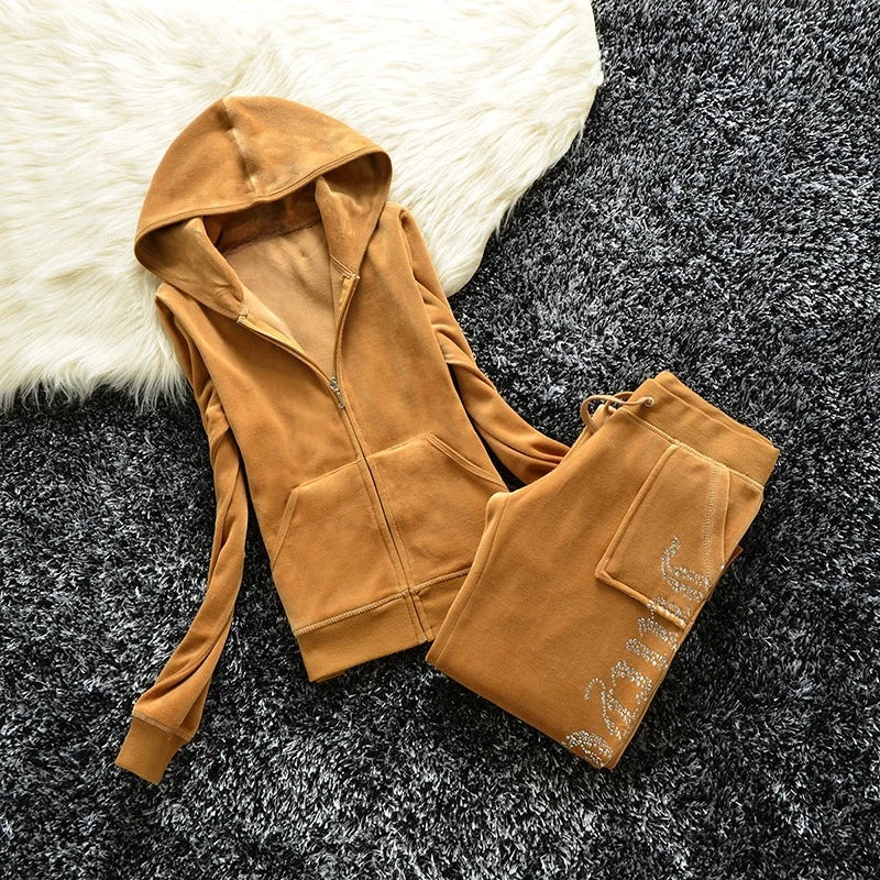 2025 Y2K Velvet Tracksuit for Women Autumn Winter Women's Long Sleeved Hooded Sweatshirt and Pants Set Juicy Suit Two Piece Set