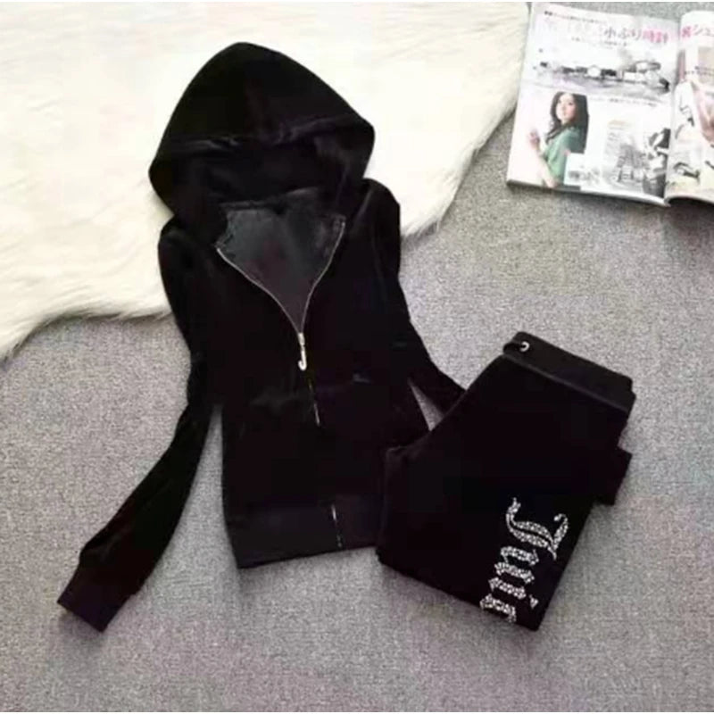 2025 Y2K Velvet Tracksuit for Women Autumn Winter Women's Long Sleeved Hooded Sweatshirt and Pants Set Juicy Suit Two Piece Set